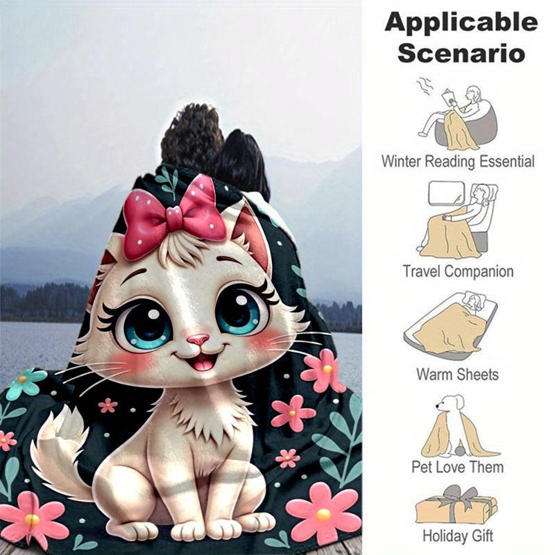 1pc Cute Cartoon Cat with Pink Bowknot Blanket - Seasonal Home Decor, Throw Blanket for Room, for Decorating Your Own Sofa and Living Room,