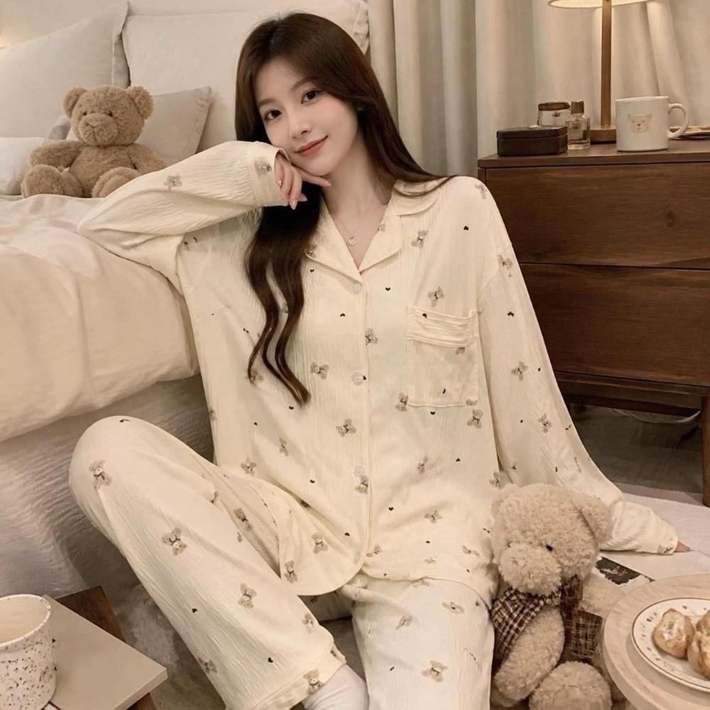 Bear Long Pajama Set Bow Lady Nightwear Suit Comfortable Women's Loungewear Female