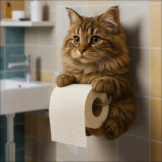 Cat Toilet Paper Holder Wall-Mounted Toilet Roll Holder Bathroom Kitchen Loo Roll Organizer for Cat Lovers Housewarming Gift