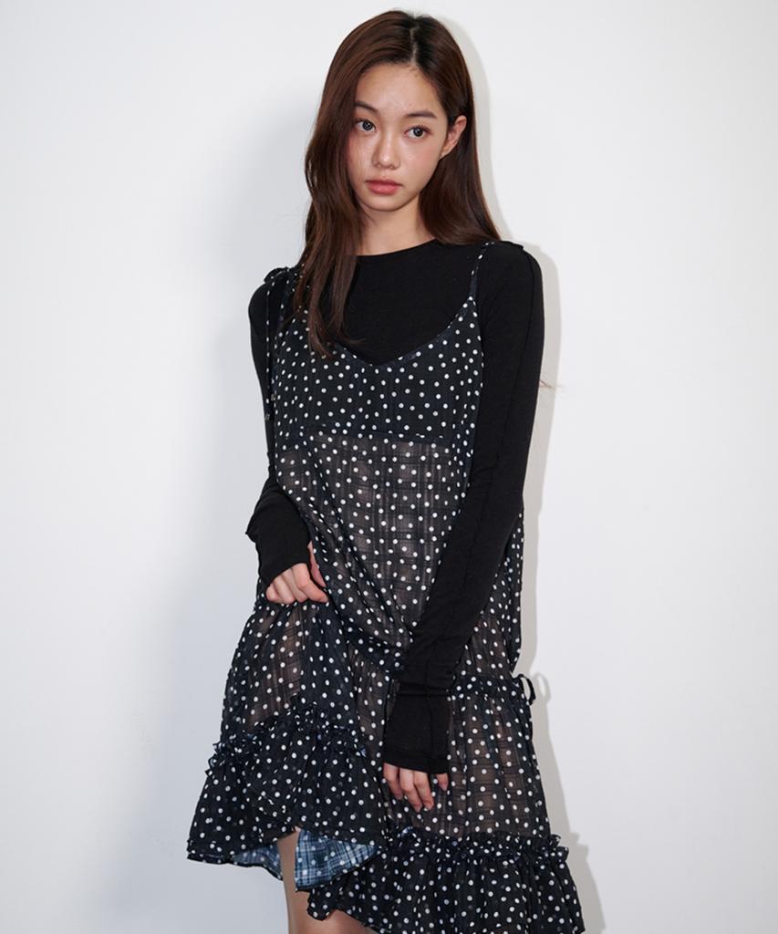 Opening Sunshine Frill Shirred Dot Mini Dress Black