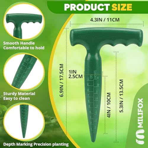 Dibber / Bulb Planter with Measuring Scale for Precise Planting – Ideal for Planting Flower Bulbs, Vegetables, and Flowers – 1 Piece, Green