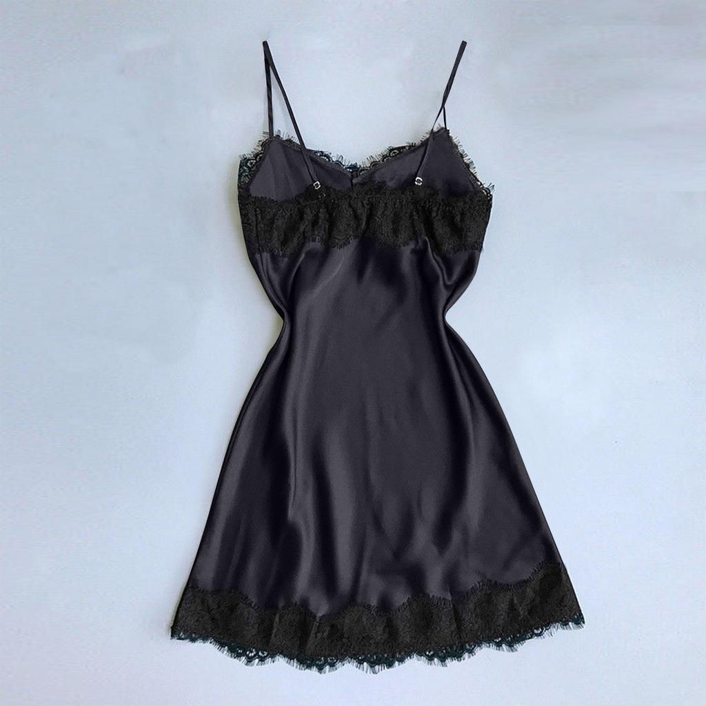 Women's Solid Color Sexy Erotic Pajamas V Neck Lace Edge Camisole Nightgown