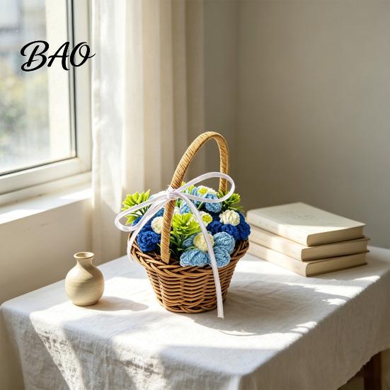Portable Small Flower Basket Hand Knitted Wool Basket, Decorative Mini Crocheted Floral with Exquisite Desktop Ornaments Ribbon, Plant Ornament