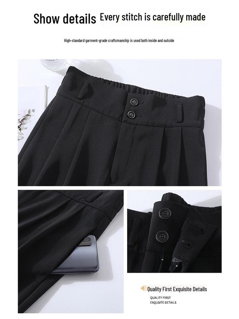 Женские черные брюки с высокой посадкой и широкими штанинами, 2025: Стройнящий, Драпированный, Повседневный, Весенне-осенний стиль