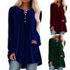 Women Velvet Shirt V-Neck Buttons Half Placket Long Sleeve Asymmetric Hem Pullover Tops Solid Color Mid-length Blouse