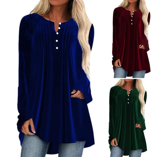 Women Velvet Shirt V-Neck Buttons Half Placket Long Sleeve Asymmetric Hem Pullover Tops Solid Color Mid-length Blouse