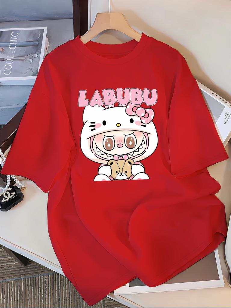 Labubu Cartoon Print Casual T-Shirt, Polyester 100% Crew Neck Short Sleeve Top for Spring/Summer/Fall - Knit Fabric Adult Tee