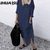 Summer Autumn Elegant Solid Color Slit Dress Simple Nail Button Long Shirt Dress