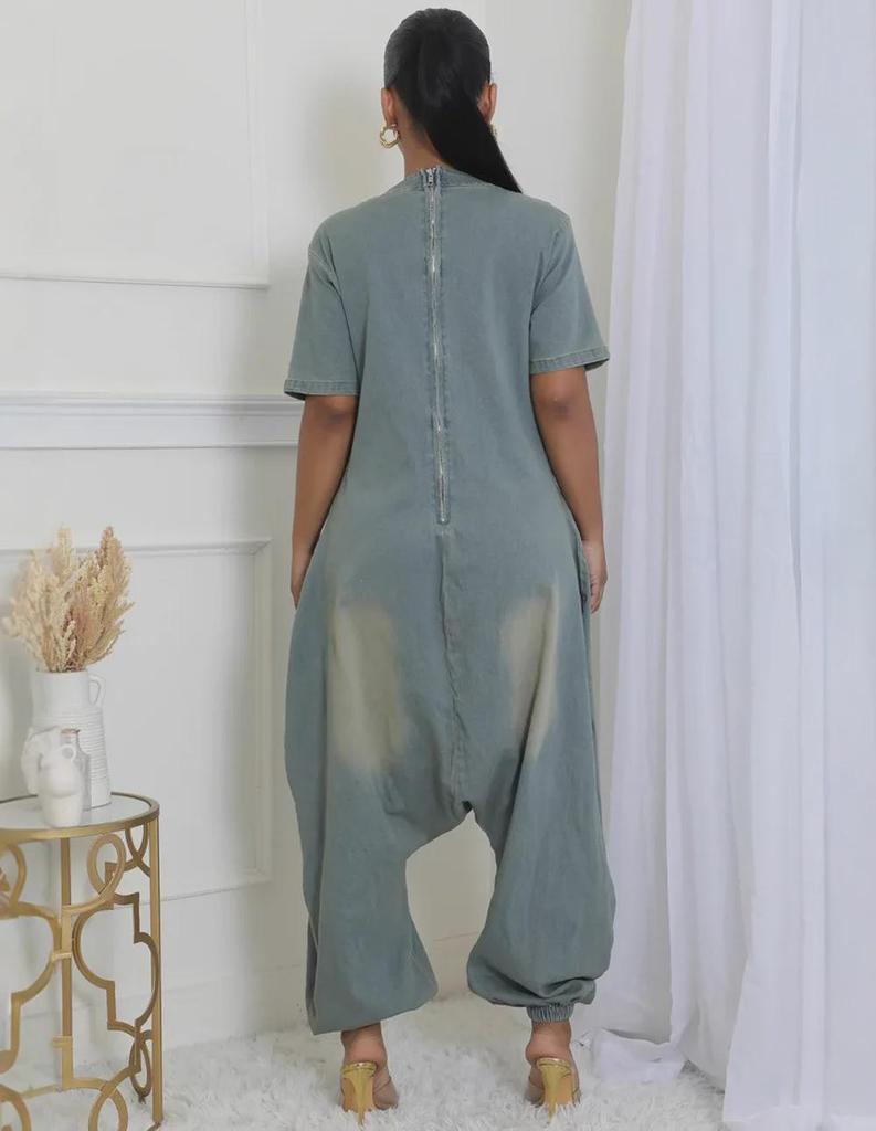 European & American Women's Loose Denim Jumpsuit with Large Pockets