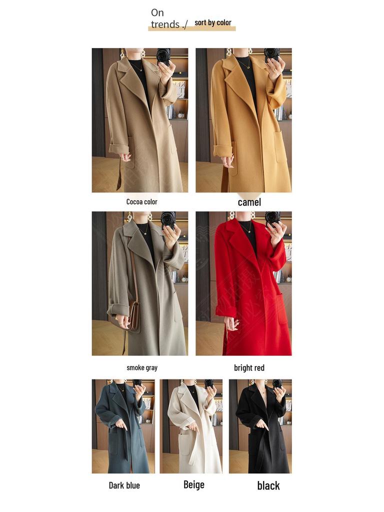 Женское кашемировое пальто средней длины в корейском стиле двустороннее - Высококачественная чистая шерсть, свободный крой для осени и зимы