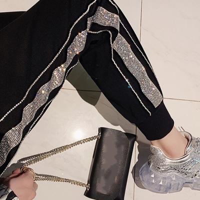 Весенне-осенние женские брюки со стразами и высокой талией, шаровары, свободные тонкие универсальные черные брюки