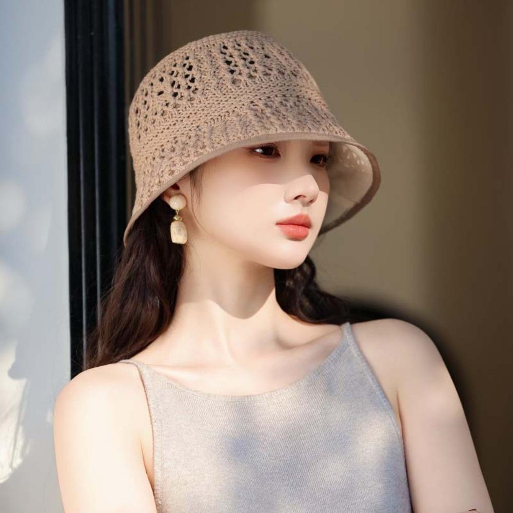 Hollow Out Knitted Bucket Hat Temperament Woven Fisherman Hat Visor Cap Sun Protection Cap Spring