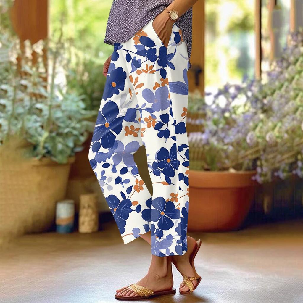 Women's Fashionable Floral Print Straight Leg Pocket Elastic Waist Casual Pants Pants