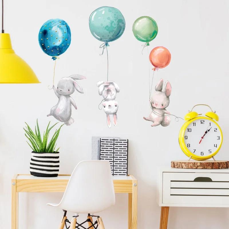 Colorful Balloon Rabbits Bedroom Wall Stickers for Kids Room Decoration Grey Bunny Wall Stickers for Children Nursery Wall Decal