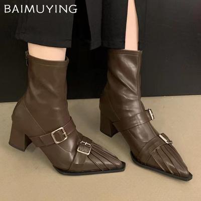 Женские ботильоны с острым носком на среднем каблуке Модные кожаные сексуальные ботинки Женские трендовые зимние дизайнерские туфли-лодочки Goth Botas De Mujer