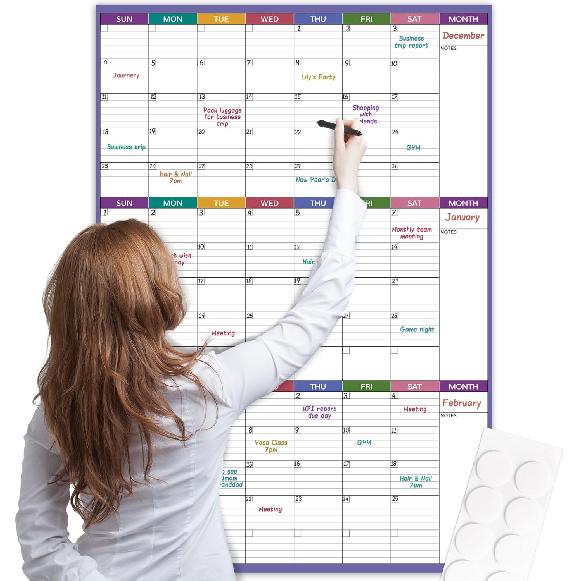 Dry Erase Calendar for Wall - Undated 3 Month Wall Calendar, 28'' x 40'', Erasable & Reble Wall Calendar, Dry Erase Calendar for Home, Office and