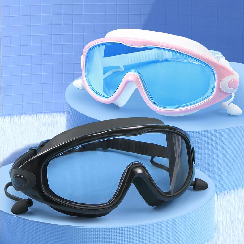 Adult Silicone Waterproof Swimming Glasses Plating Clear Anti-Fog Large Frame Diving Goggles Swim Sports Eyewear with Earplug