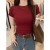 Korean Slim-Fit Red T-Shirt for Women - Figure-Flattering, Waist-Cinching, Straight-Shoulder, High-Stretch, Short-Sleeve