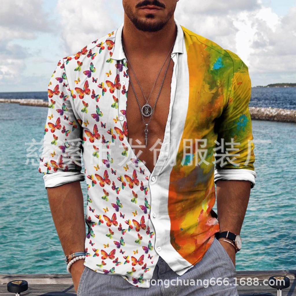 Must-have Long-sleeve Shirt with Butterfly & Abstract Print, Casual Wear