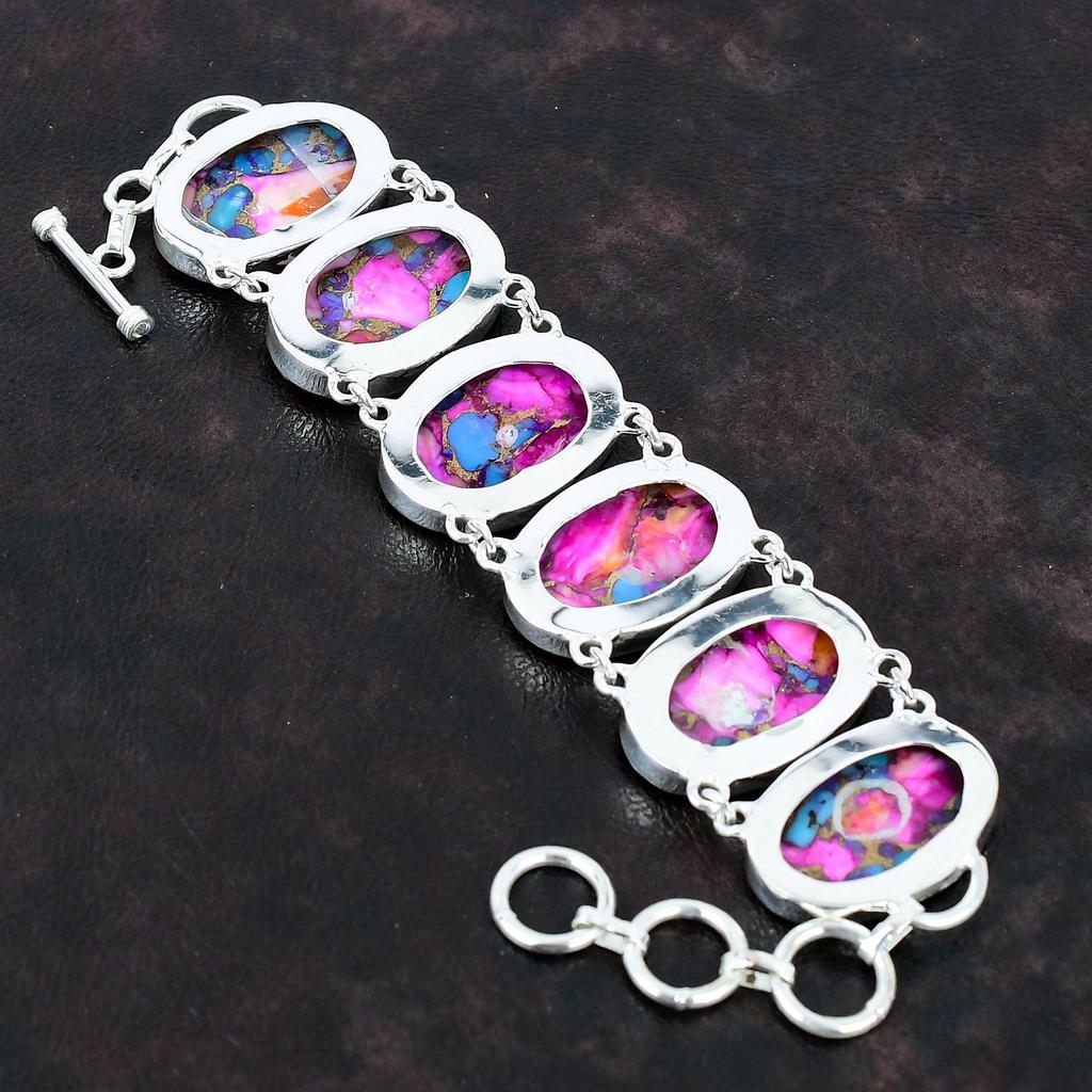 Natural Kingman Pink Dahlia Turquoise Bracelet 925 Sterling Silver Bracelet Adjustable Chain Bracelet Handmade Gemstone Jewelry Gift For Her