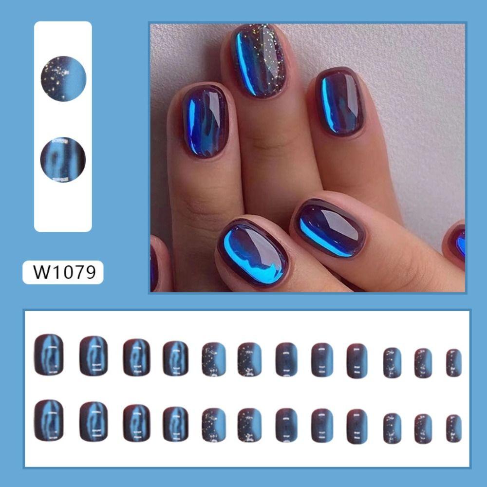 French Wavy Fake Nails Short Round Nail Tips Fashion False Nails for DIY