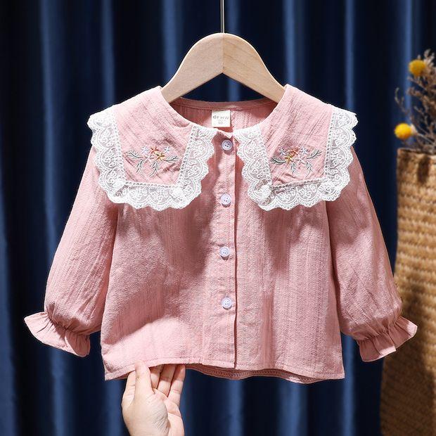 Рубашка с длинными рукавами для маленьких девочек, топ с цветочной вышивкой и лацканами, детская одежда