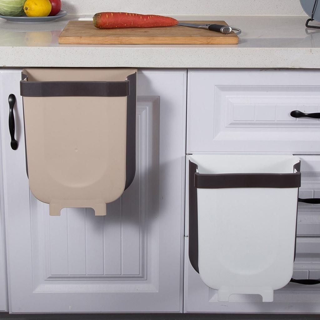 Folding Trash Can Kitchen Cabinet Door Hanging Waste Bin Wall Mounted Trashcan Space Saving Garbage Box for Bathroom Toilet Waste Storage(Size S/L)