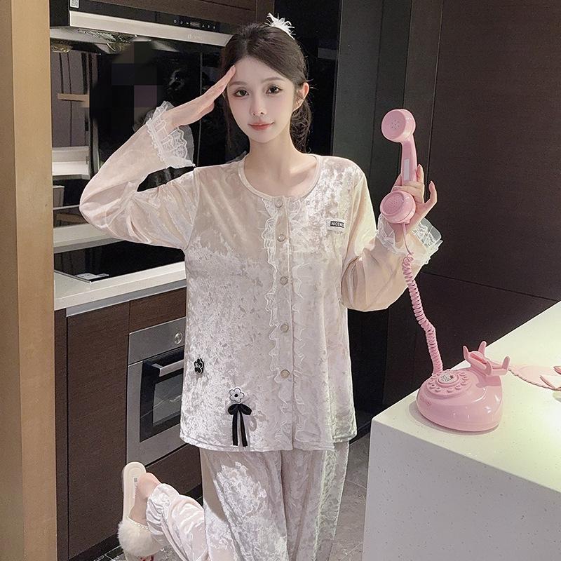 Роскошный женский золотой велюровый комплект пижамы с длинным рукавом