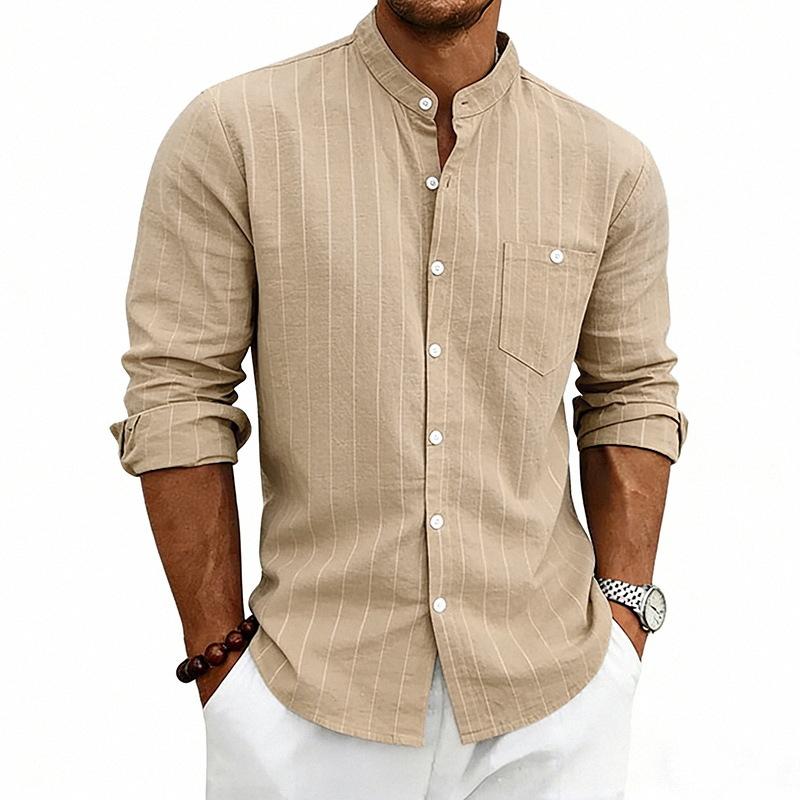 Mens Striped Linen Blend Stand Collar Long Sleeve Casual Shirt With Pockets