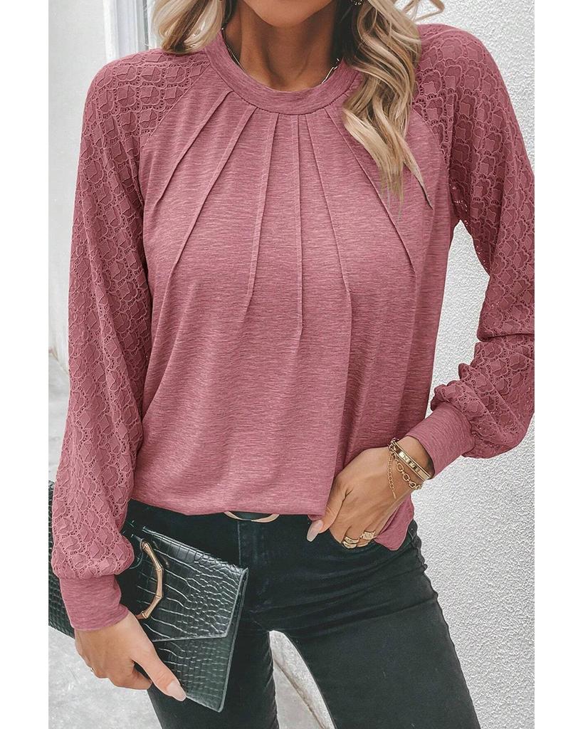 Azura Exchange Rose Pink Contrast Lace Raglan Sleeve Plicate Round Neck Top
