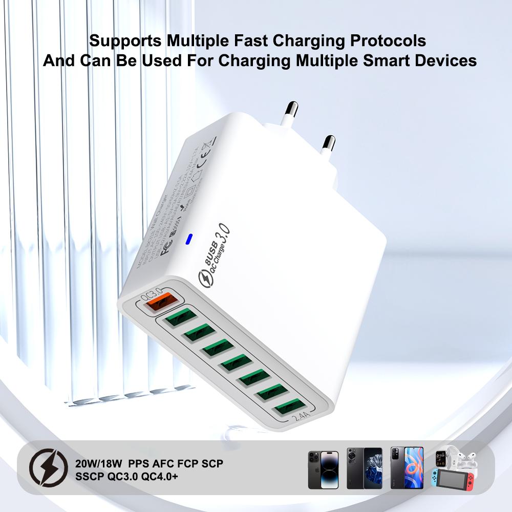 QC4.0 8 Port Fast Charging USB Charger EU US KR QC 3.0 Quick Charge Wall For Phone Adapter For iPhone 15 Xiaomi Samsung