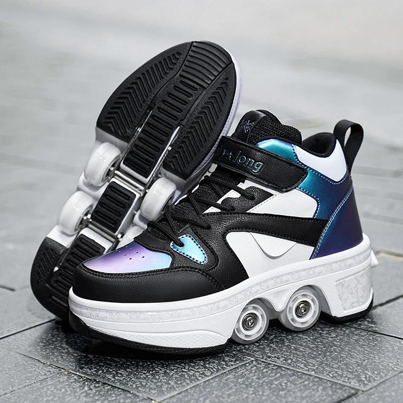 Fashionable Unisex Automatic Pop-up Sneakers With Wheels Dual-purpose Skating Casual Shoes Women's High Top 4 Wheel Roller Shoes
