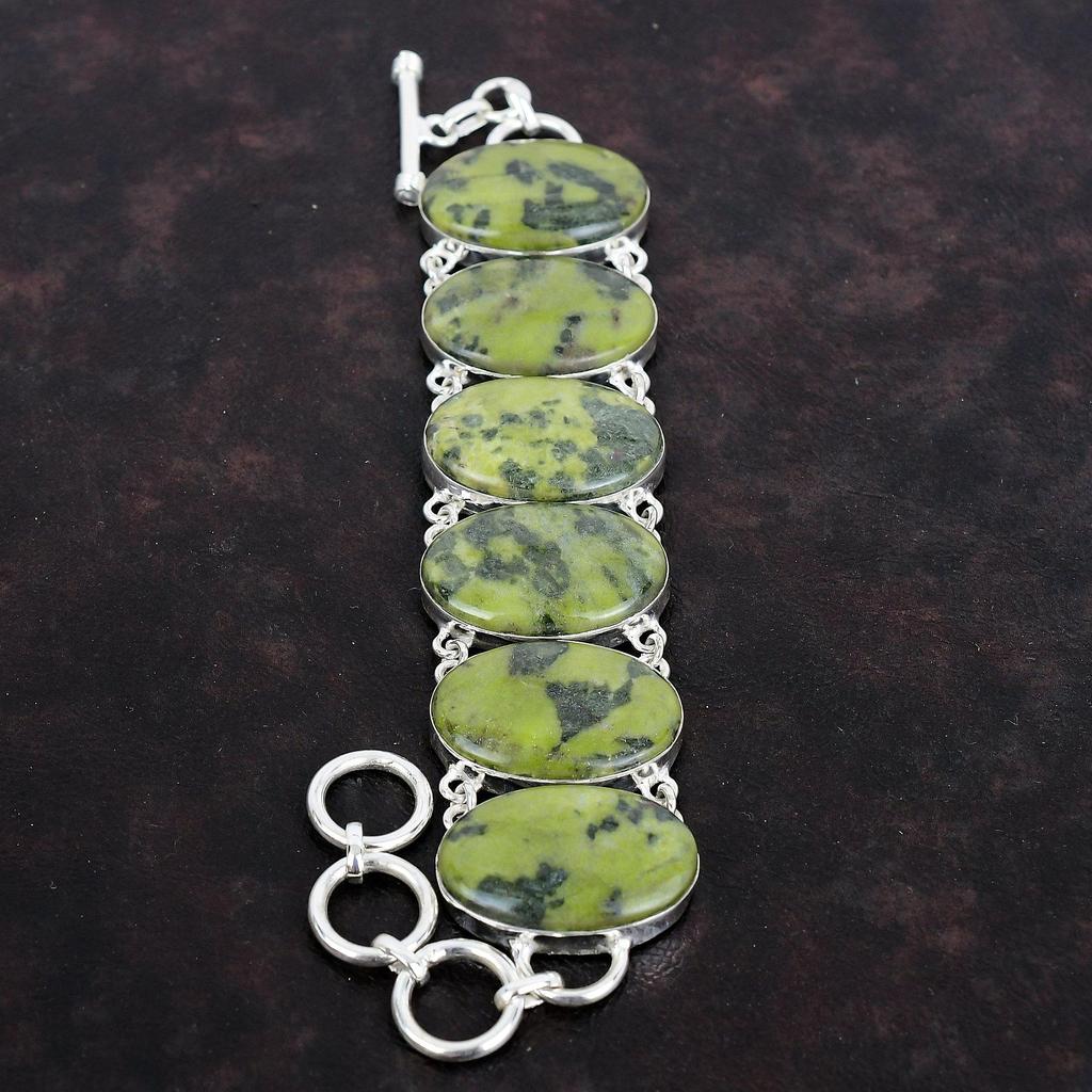 Браслет из серпантина, браслет из натурального драгоценного камня, ручная работа, старинные ювелирные изделия, браслет из стерлингового серебра 925 пробы, регулируемый браслет-цепочка, подарки для жены
