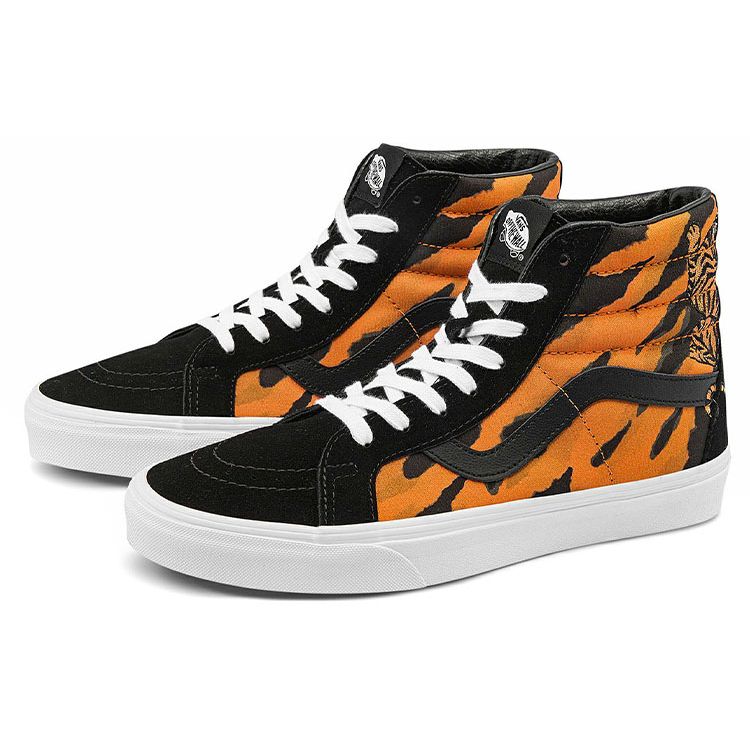 Vans Sk8 Reissue Tiger Embroidery Tiger Stripe Casual High-Top Skate Shoes Unisex Sneakers Black Orange VN0A2XSBORA