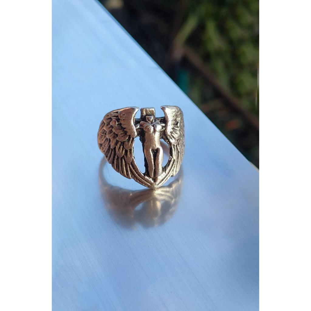 Антикварное женское регулируемое черное кольцо с крыльями