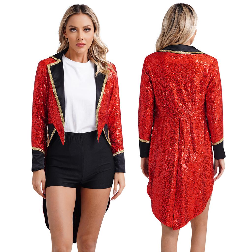 Womens Halloween Circus Sequin Tailcoat Notch Lapel Long Sleeve Open Front Tuxedo Outerwear Ringmaster Magician Costumes