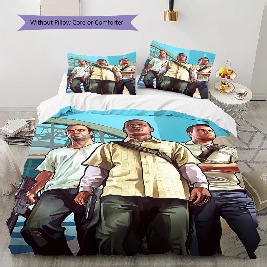 Постельное белье с узором Grand Theft Auto, Комплект с одеялом, Пододеяльник, Наволочка, Домашний подарок на день рождения (1 пододеяльник + 2 наволочки, без наполнителя)