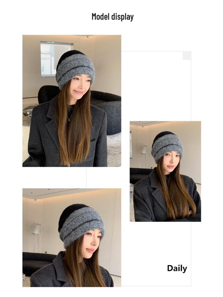 Korean Colorblock Rabbit Fur Fleece-Lined Beanie with Ear Protection – Elegant Women's Knit Hat for Cold Weather