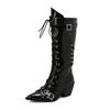 Punk Black White Boots Women's Back Chain Decor Shoes Knee High Boots Pointed Toe Leather Lace Up Chunky Heels Footwear