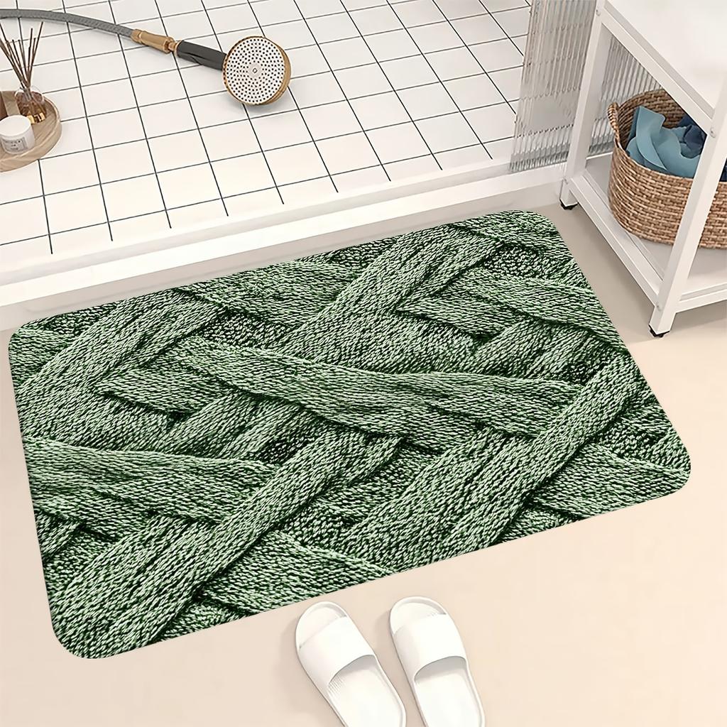 Olive Green Textured Bath Mat, Soft Flannel Non-Slip Rug, Printed Pattern for Bathroom, Living Room, Kitchen, Modern Home Decor