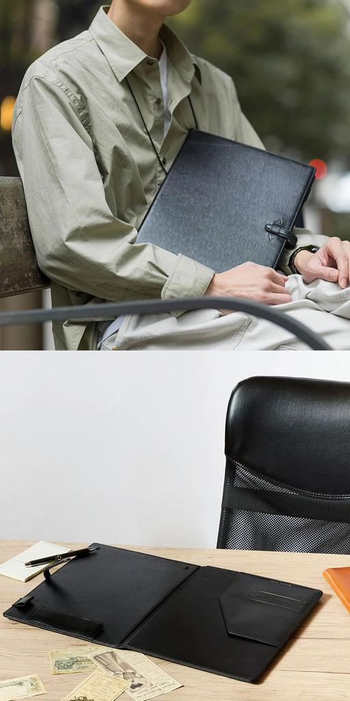 Genuine Leather Binder A4 Clipboard Grained Embossed Leather High Quality Thin A4 Size Leather File Document Case Clip File Board Unisex Black Bi-Fold