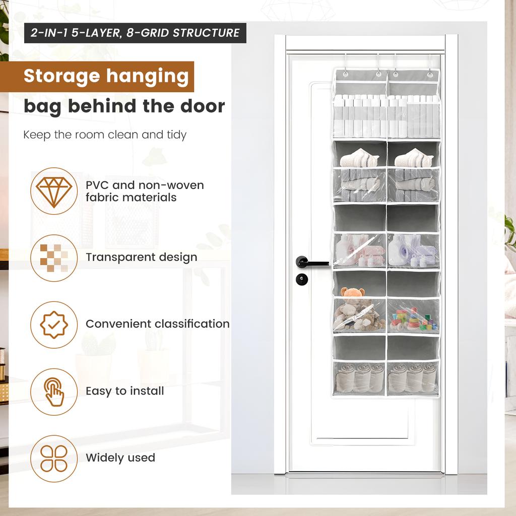 Over the Door Organizer 5 Layers 8 Compartments Double Row Transparent Storage Hanging Bag with 10 Mesh Pockets for Clothes Doll