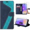 Case + 2 Tempered Glasses for Samsung Galaxy A05, Blue Faux Leather Pattern Protection with Card Holder and Kickstand (not for A05s)