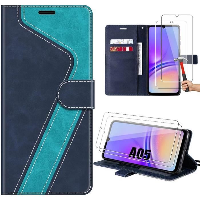 Case + 2 Tempered Glasses for Samsung Galaxy A05, Blue Faux Leather Pattern Protection with Card Holder and Kickstand (not for A05s)