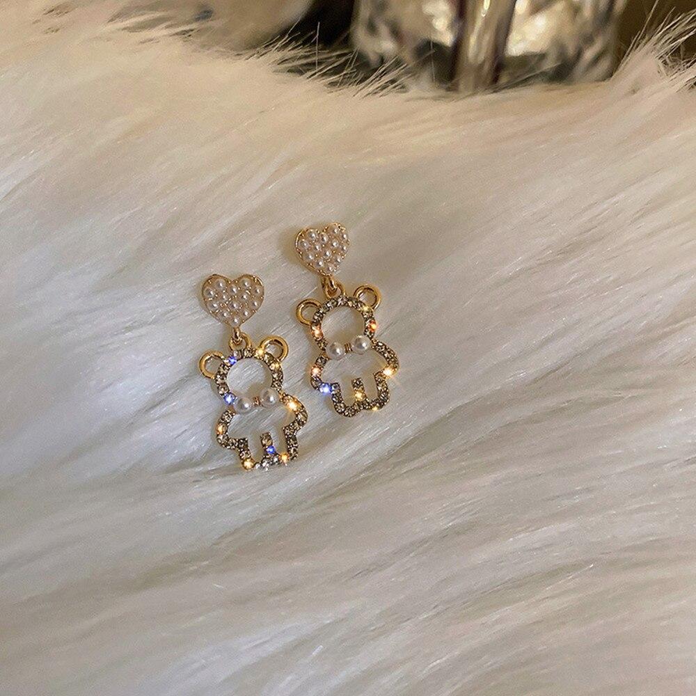 Simulation Pearl Zircon Bear Earrings Female Exquisite Cute Earrings Party Beautiful Jewelry AVE