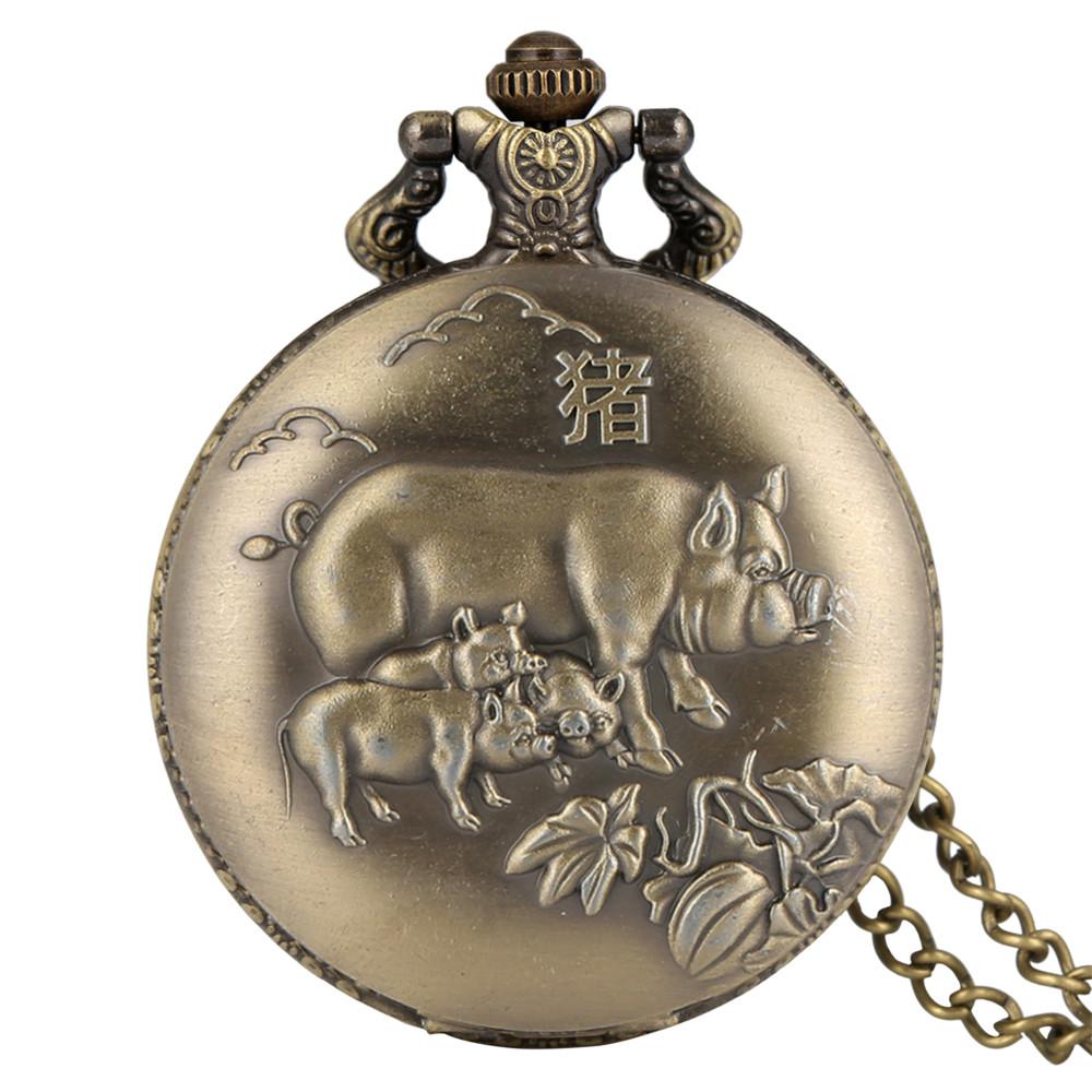 Vintage Bronze Chinese Zodiac Rat/Ox/Tiger/Rabbit/Dragon/Snake/Horse/Sheep/Monkey/Rooster/Dog/Pig Quartz Necklace Pocket Watches