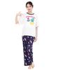 SAZAC Cosmic Hangyodon Pajama Powder Stretch Short Sleeve and Long Pants Loungewear X Set, Fabric, Women's Set, (White Navy/M/SAN1954)