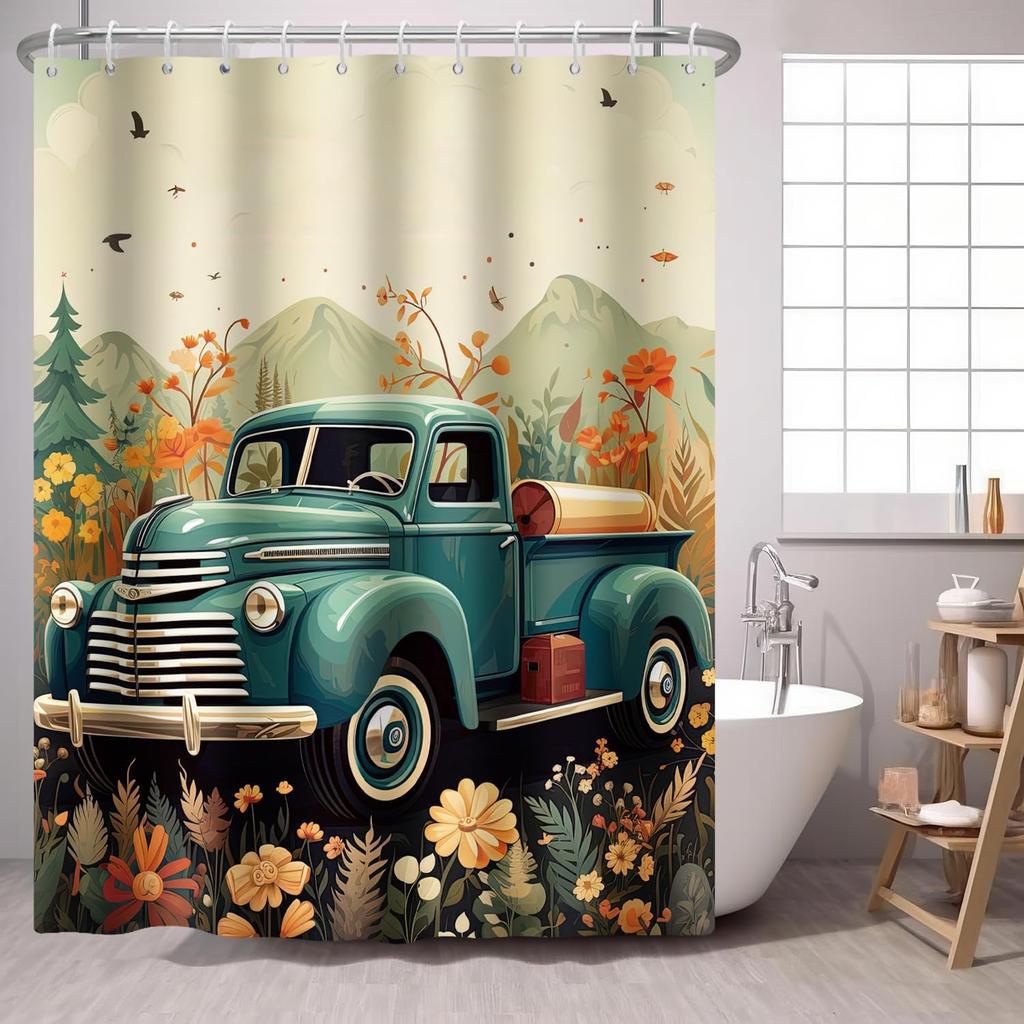 Pink Truck Rose Shower Curtain Car With Pink Flower Floral Fabric Shower Curtains Fashion Woman Girl Shower Curtin Bathroom
