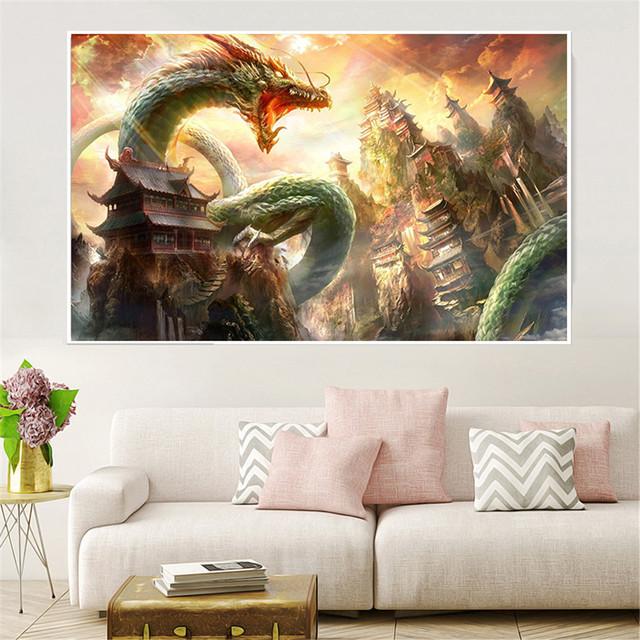 Абстрактная картина маслом, настенное искусство, китайский постер с драконом, винтажные холсты, картины для гостиной, домашний декор