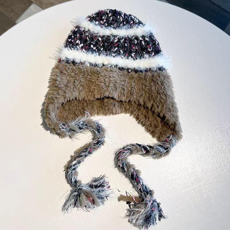 Autumn and Winter Striped Splicing Wool Hat Women's Velvet Thickened Warm Ear Protection Big Head Circumference Lei Feng Knitted Hat